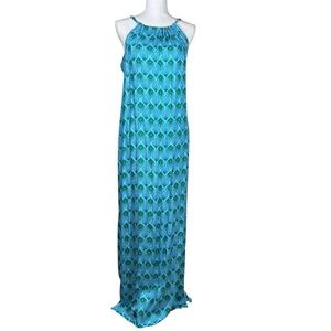 Escapada Blue Green Fan Design Sleeveless Maxi Dress Small Beach Spring Break